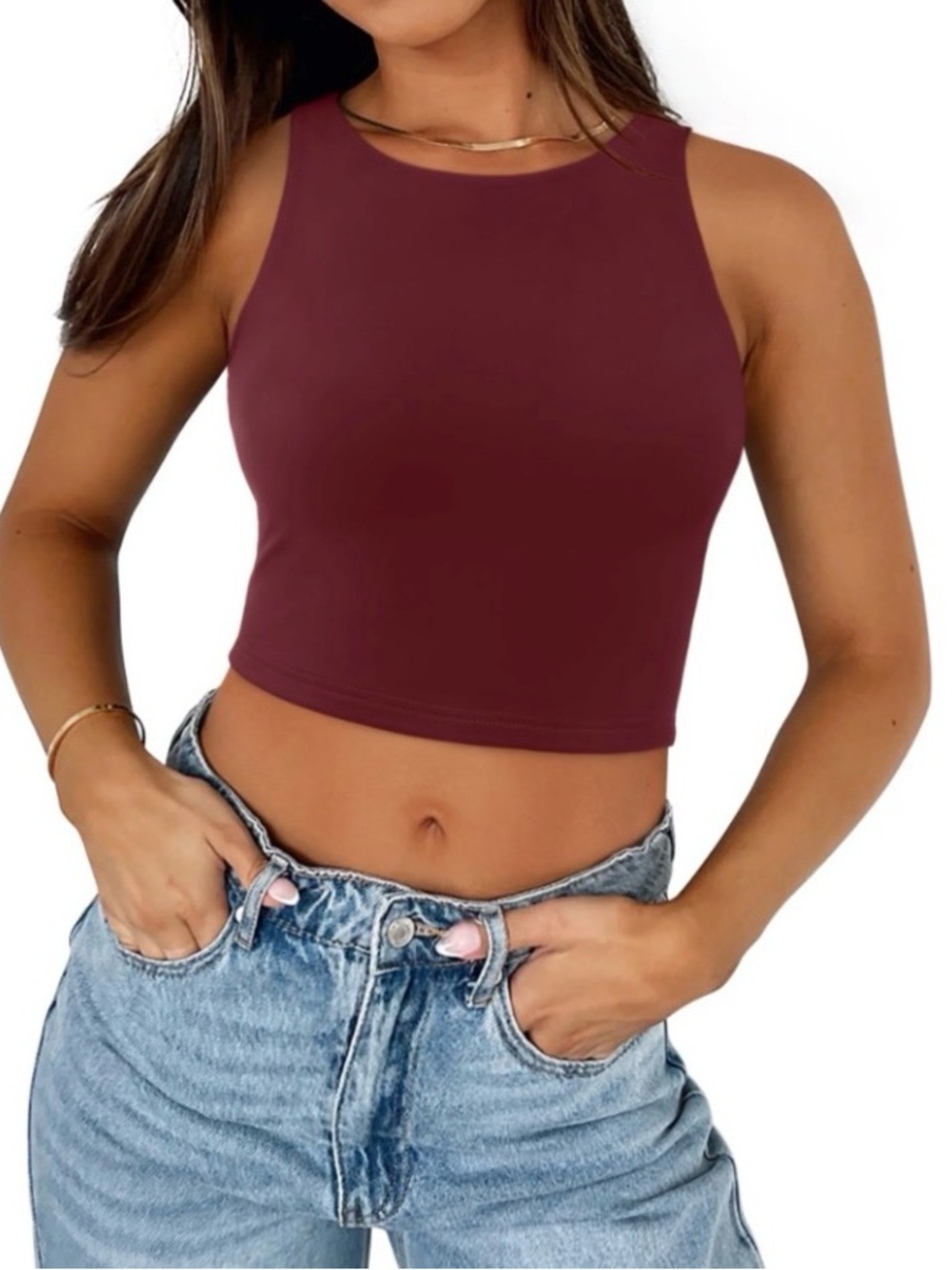 ReoRia Sleeveless Crop Tank Top - Burgundy. Size S
